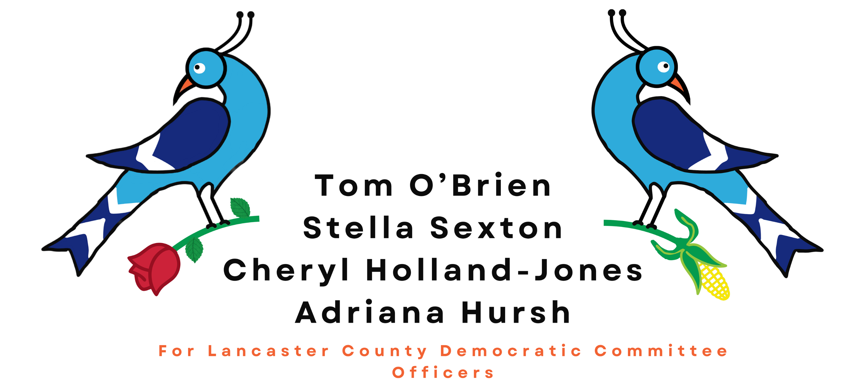 Campaign graphic for Tom O'Brien, Stella Sexton, Cheryl Holland-Jones, and Adriana Hursh for Lancaster County Democratic Committee Officers. Two stylized blue birds face each other from either side, each perched on a stem — one holding a red rose, the other a yellow ear of corn.